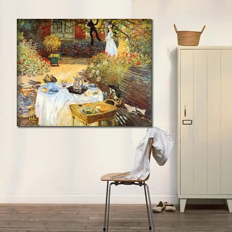 Картина Клода Моне "Обед", высокое качество, ручная работа на холсте, знаменитая садовая композиция, декор стен для столовой и кухни, современный стиль.