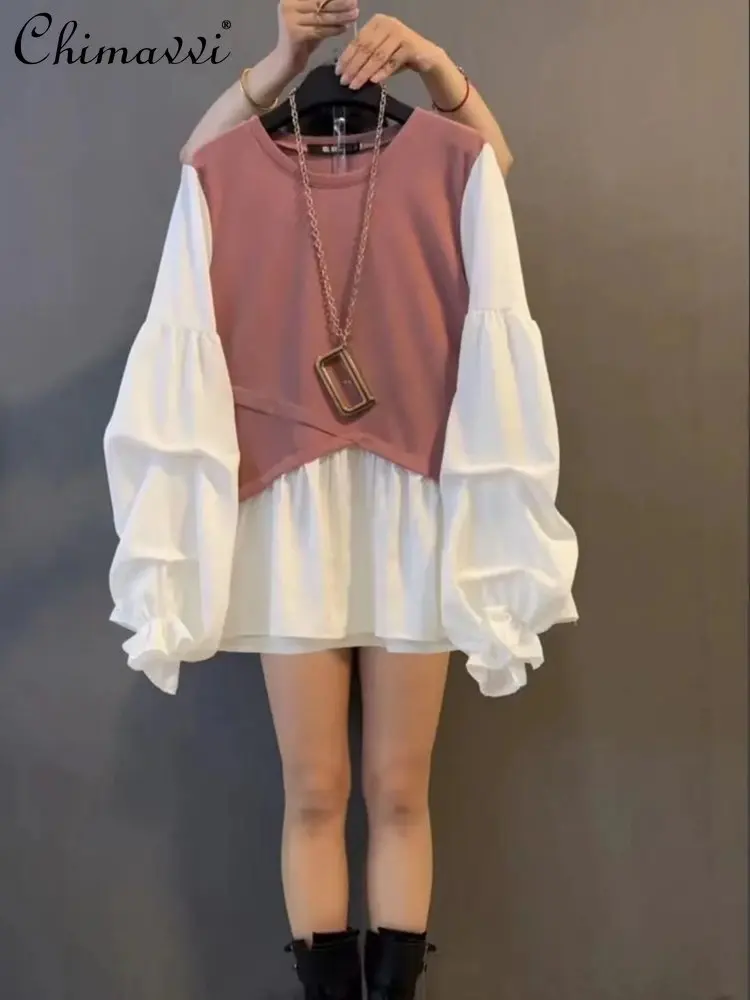 

Модная простроченная футболка с пышными рукавами, Новинка весна-осень 2023, Простой повседневный большой Топ из двух частей, Женская Повседневная футболка