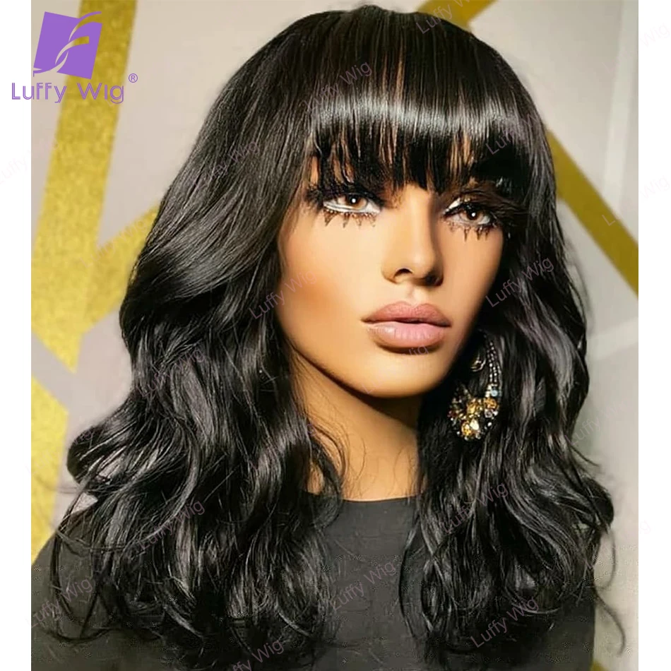 

Short Human Hair Wigs With Bangs Brazilian Short Bob Wigs Human Hair Glueless Full Machine Made Wavy Bang Wig for Black Women