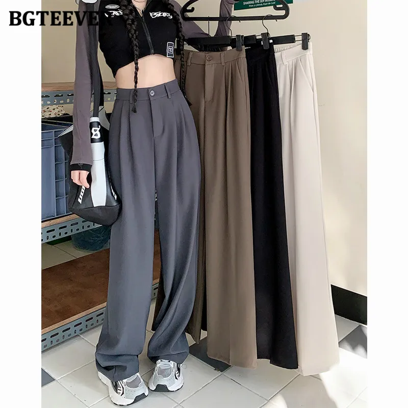 

BGTEEVER Autumn High Waist Loose Suit Pants for Women Casual Straight Pockets Female Wide Leg Trousers
