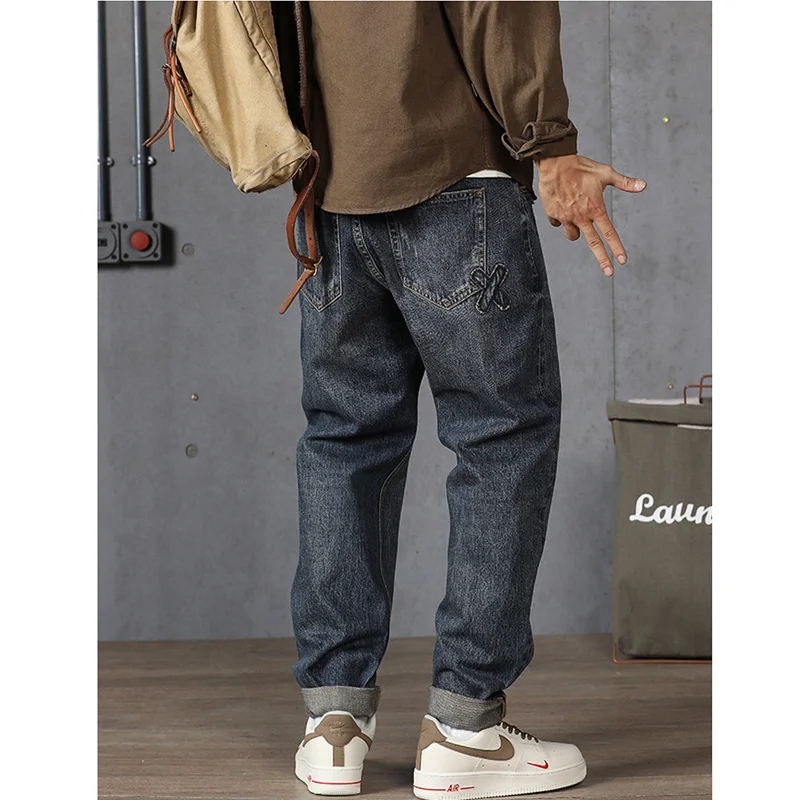 Streetwear Men 2022 New Pattern Vintage Recreational Navy Blue Jeans Loose Broad Straight Cylinder Leg Trousers Autumn Female