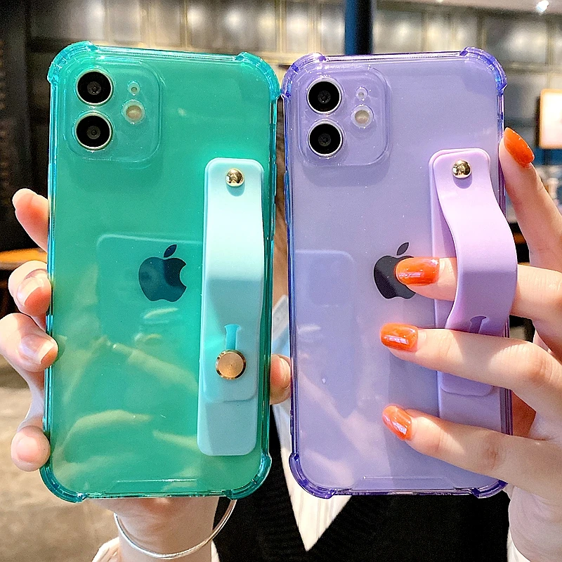 

Soft Wrist Strap Phone Case For iPhone 11 12 13 Pro Max X XR Xs Max 7 8 Plus SE 2020 Mini Kickstand Transparent Bumper Cover
