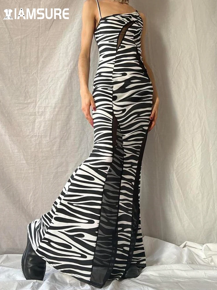 

IAMSURE Clubwear Patchwork Zebra Stripes Long Dress Sexy Slim Hollow Out Diagonal Collar Sleeveless Maxi Dresses For Women 2022