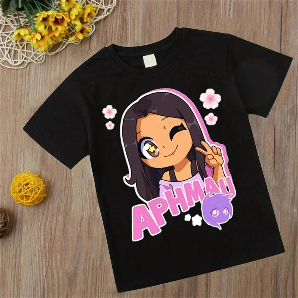 Фото Детская футболка с мультяшным принтом аниме-кошки, с рисунком серии Aphmau для девочек и мальчиков, из полиэстера, мягкая и удобная. №2