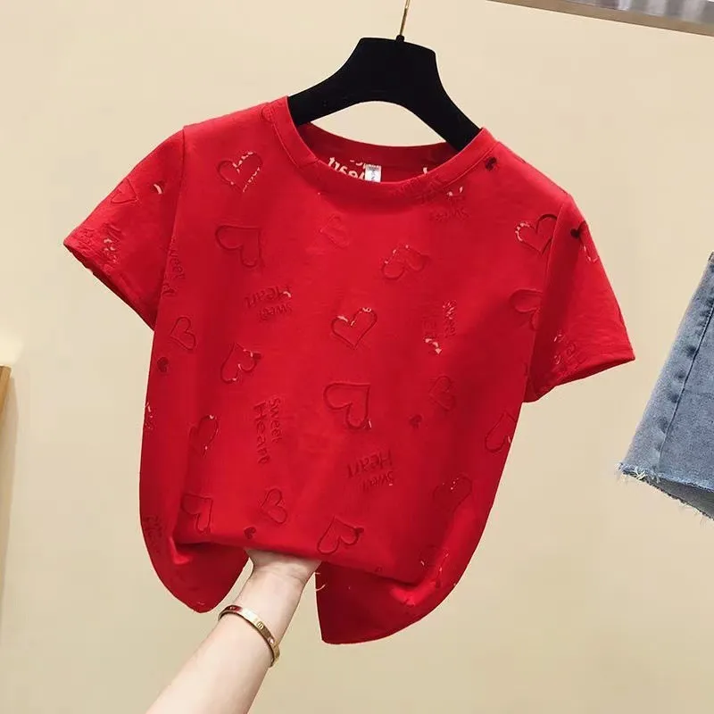 

Tshirt Women Summer Korean Fashion Women's Round Neck Hollow Red T-shirt Women's Short-sleeved Loose Top