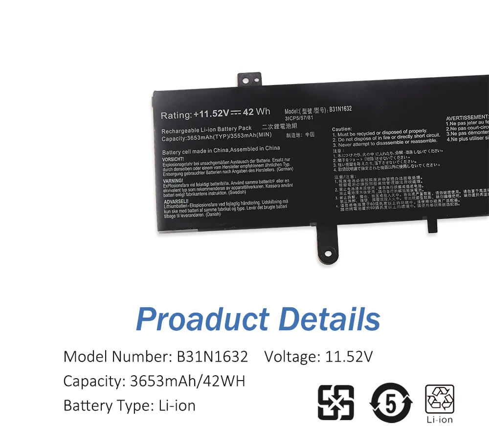 ETESBAY B31N1632 Аккумулятор для ноутбука Asus Vivobook 14 X405 X405U X405UA X405UQ X405UR Zenbook S4100U S4100UQ S4200UQ 42WH