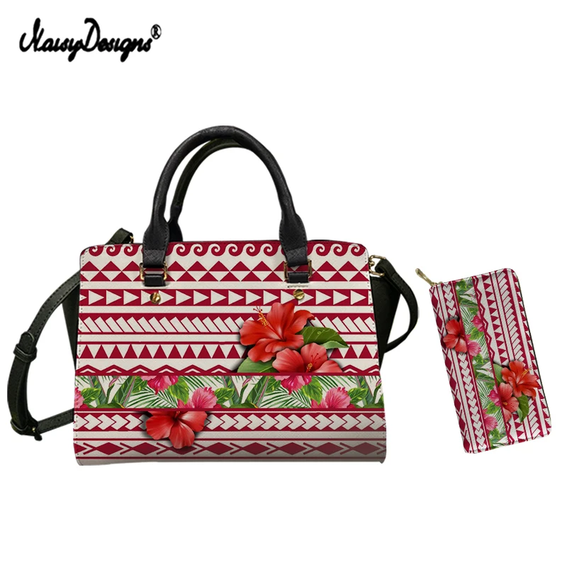 

NOISYDESIGNS Polynesian Hibiscus Flower Printed Women Leather Totes Bags And Purse 2pcs Fashion Party Casual Messenger Sac Mujer