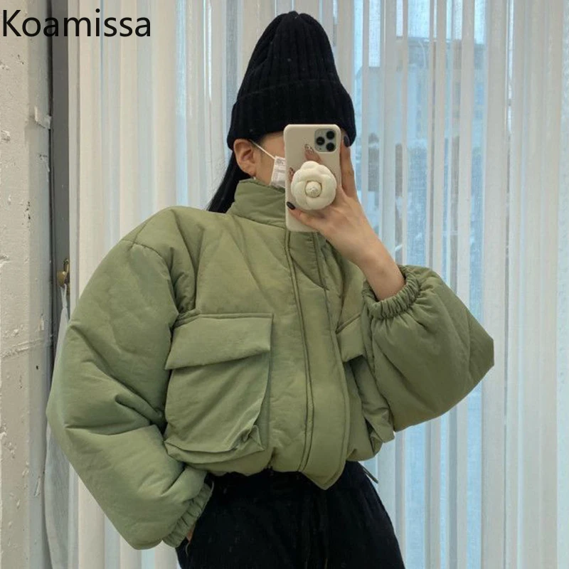 Koamissa Korean Fashion Stand Collar Parkas Women Thick Warm Winter Short Puffer Outwear Female Pockets Zipper Down Jacket Coat