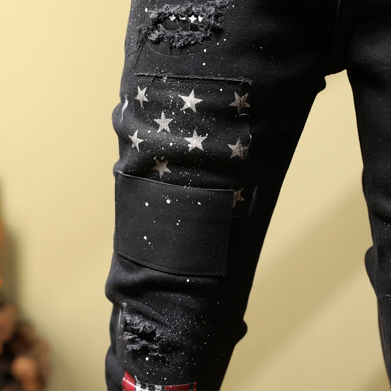 High Street Fashion Men Jeans Black Elastic Stretch Skinny Fit Painted Ripped Jeans Men Patched Designer Hip Hop Pants Hombre
