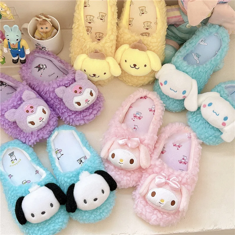 

Cute Cartoon Winter Lamb Fleece Curly Slippers Kawaii Sanrios HelloKittys MyMelody Cinnamoroll Kuromi Plush Doll Cotton Slippers