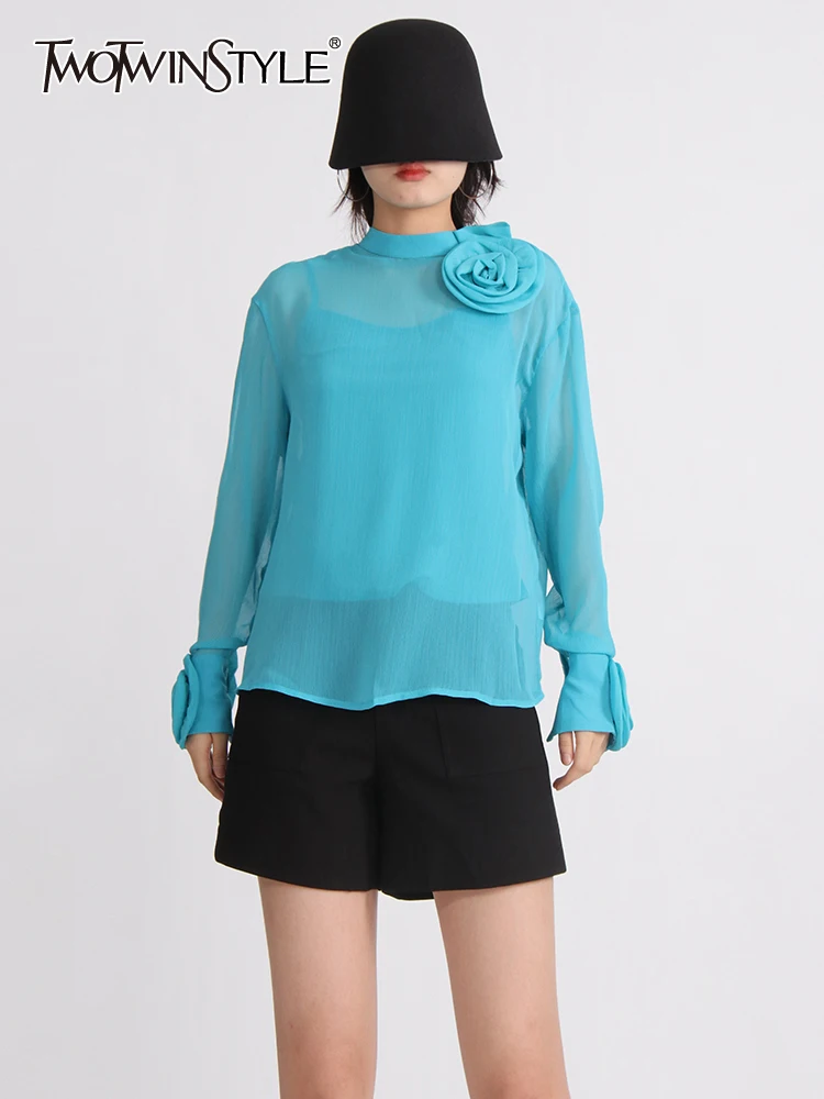 

Женская блузка с длинным рукавом TWOTWINSTYLE, белая прозрачная блузка составного кроя с аппликацией и воротником-стойкой на лето 2023