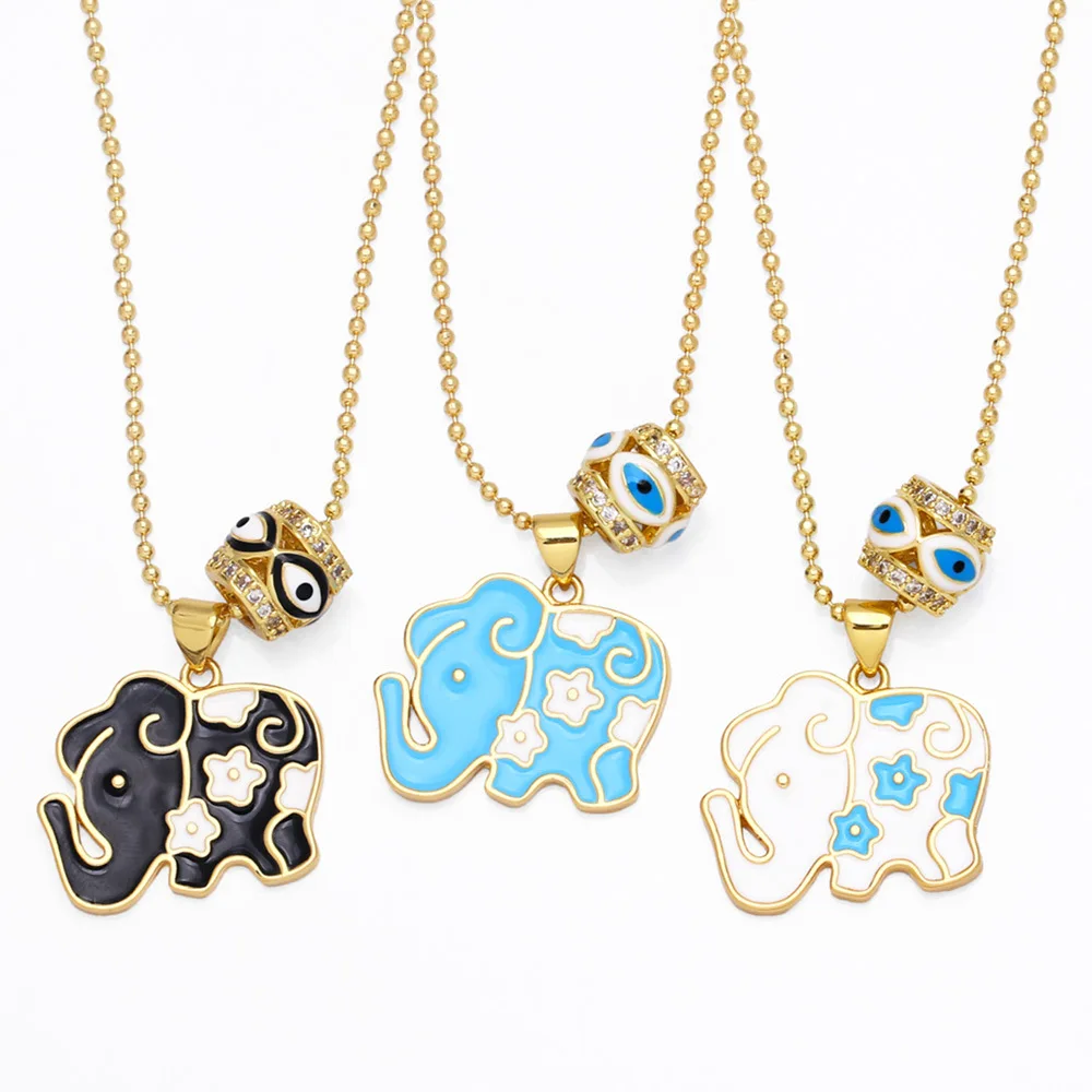

Y2k Lovely Enamel Elephant Necklace With Evil Eye Pendant High Quality 18K Gold Plated Beads Choker 2022 Trend New Jewelry