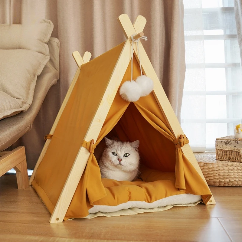 

Pet tent house wood dog bed puppy cat indoor outdoor tent with pad portable removable canvas solid wood tent cat litter dog bed