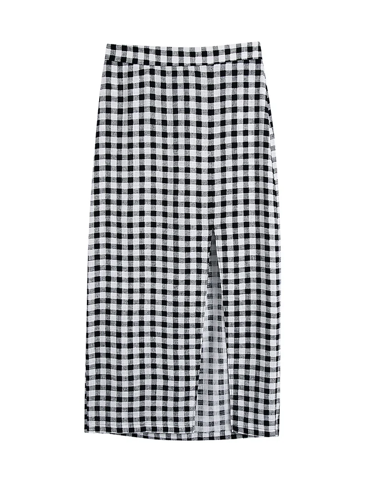 

Skirts Womens 2022 Fashion Women Clothing Casual Black White Gingham Check Skirt High Waist Front Slit Sexy Pencil Midi Skirt