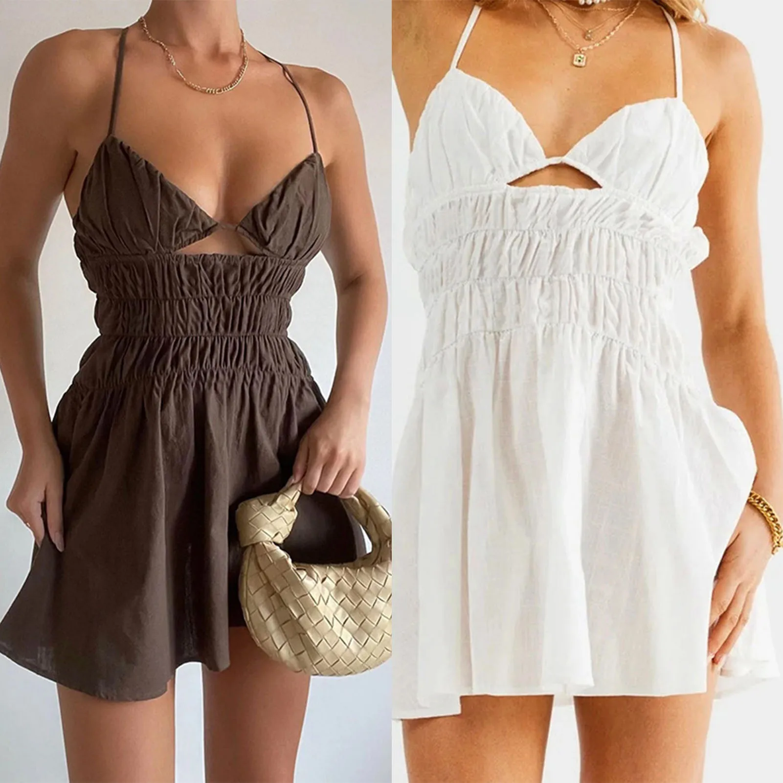 

Women Pleated Dress A-Line Ruched Dress Solid Color Hollow Out Pullover Ladies Beach Summer Dress