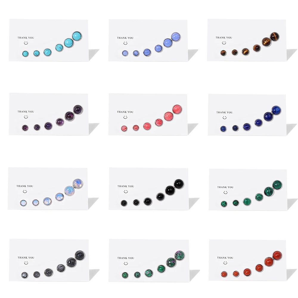 

6 8 10 mm Round Stud Earrings Silver Color For Women Men 6pcs/set Amethysts Opal Malachite Earrings Set Party Fashion Jewelry