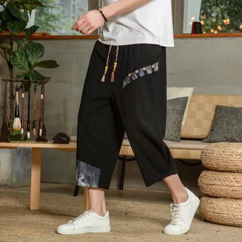 джоггеры мужские Японские хлопковые льняные шаровары мужские летние дышащие льняные укороченные штаны для мужчин повседневные штаны для фитнеса с эластичной талией