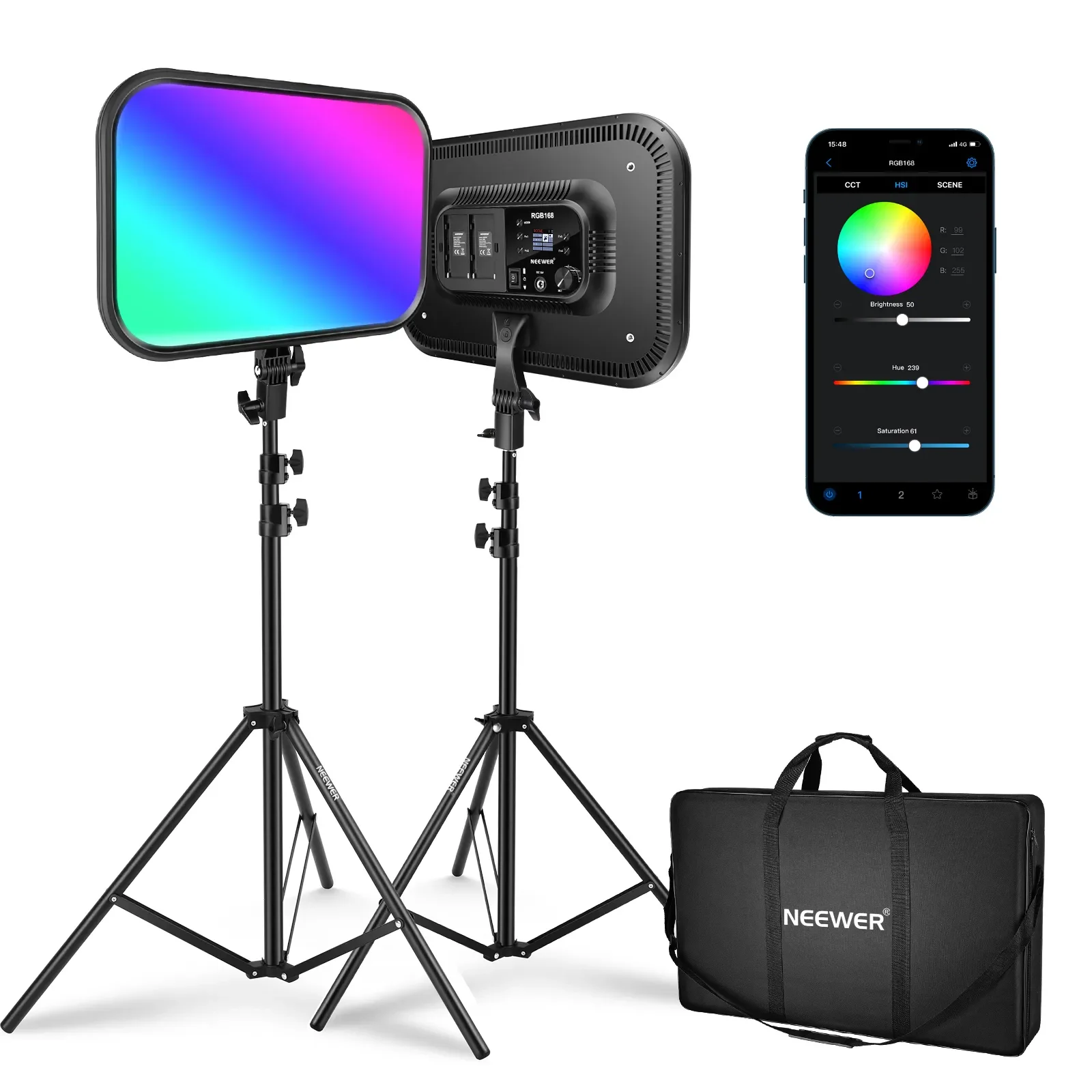 

Neewer 2 Packs 18.3” RGB LED Video Light Panel With App Control Stand Kit, 60W Dimmable 2500K~8500K RGB168 LED Panel CRI 97+