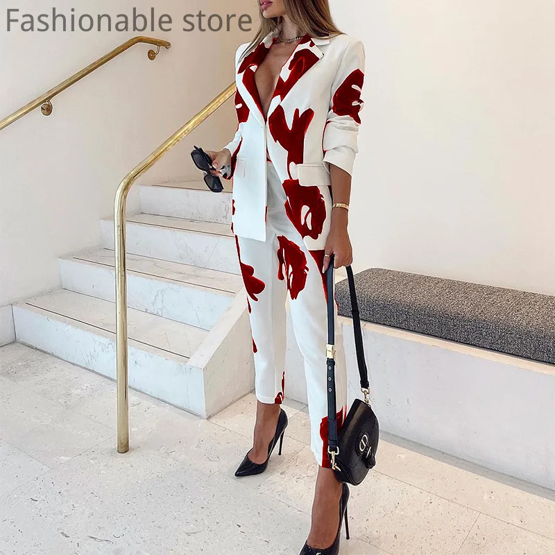 

Women Elegant Print Blazer Suit Long Sleeve Blazer Coat and High Waist Pants 2pcs Set