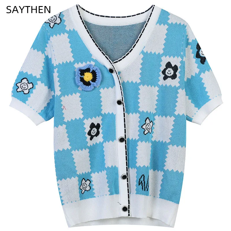 

SAYTHEN, летняя женская одежда 2022, милый необычный трикотажный джемпер контрастных цветов с трехмерным украшением и V-образным вырезом