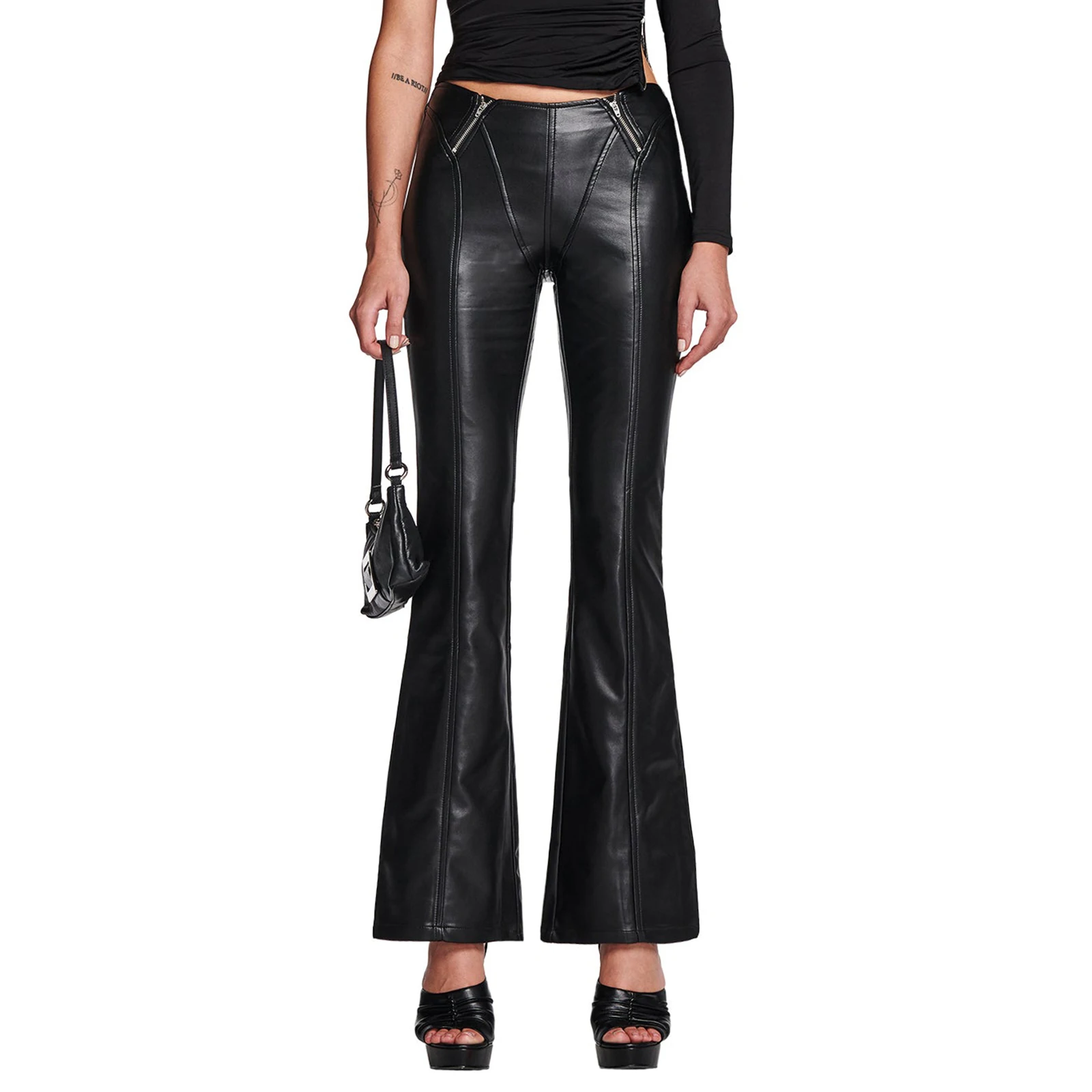 Women's PU Leather Pants Black Fashion Mid Waist Skinny Zipper Flared Pants Casual Trousers Streetwear
