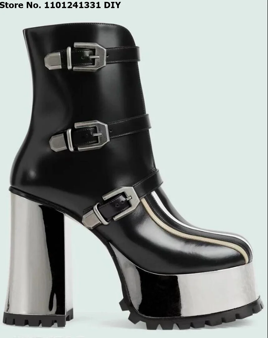 Buckle Straps Design Thick Platform Real Cow Leather Black Color Short Boots Women Autumn Winter Mid Calf 11Cm Heeled Boots
