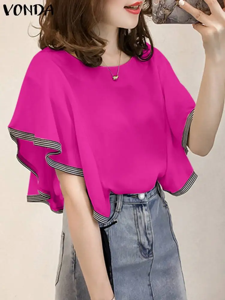 

VONDA Women Summer Tops Fashion Blouses 2023 Short Bat Sleeve Ruffled Shirts Casual Loose Round Neck Tunic Blusas Femininas