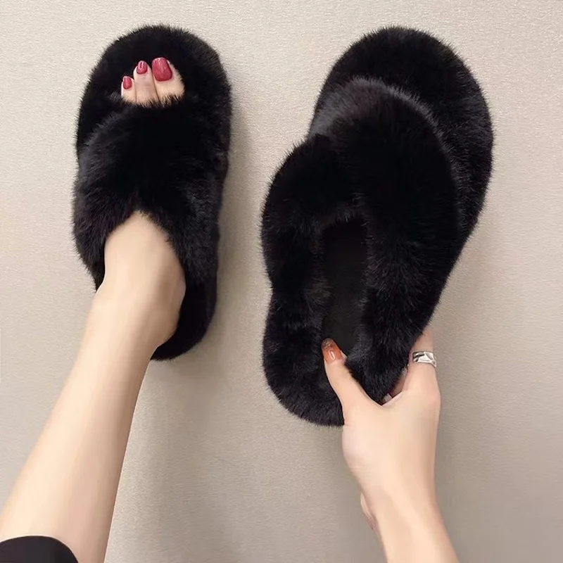 New Winter Open Toe Slipper Fashion Fur Thick Sole Flats Heel Ladies Casual Slip On Bedroom Shoes Soft Outdoor Slides Shoes