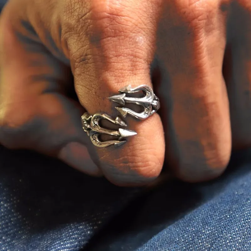 

Sea God Poseidon Trident Men's and Women's Rings Vintage Thai Silver Sailing Style Fashion Personality Versatile Opening Jewelry
