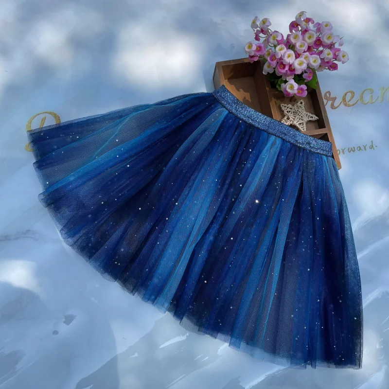 

Girls 2022 Autumn and Winter New All-match Skirt Children's Mesh Tutu Skirts Princess Girl Blue Fantasy Starlight Short Skirt