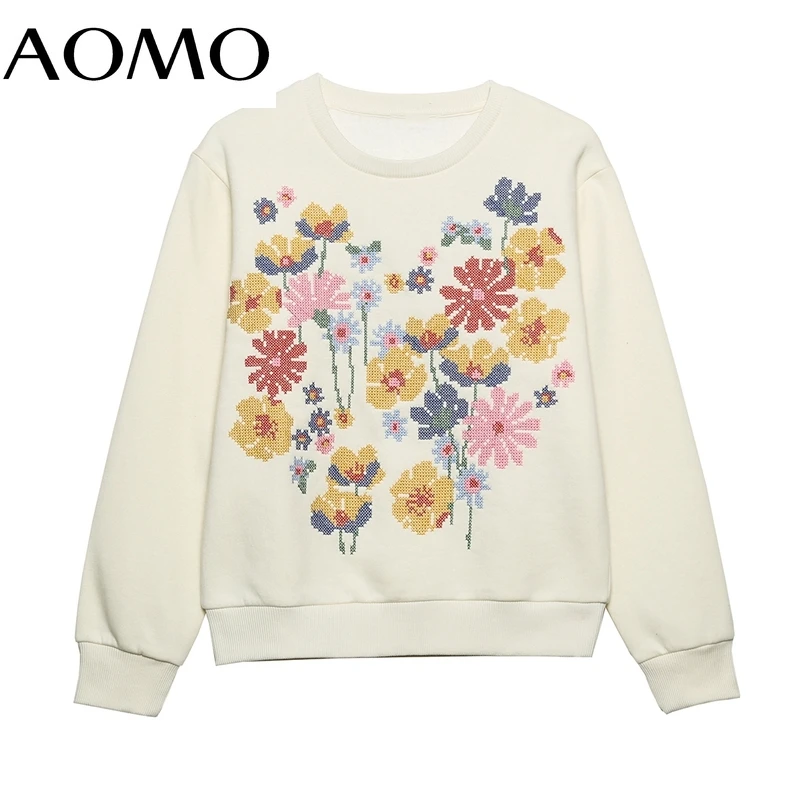 

AOMO Women Fashion Flower Emboridery Sweatshirts Oversize Long Sleeve O Neck Loose Pullovers Female Tops 6H147A