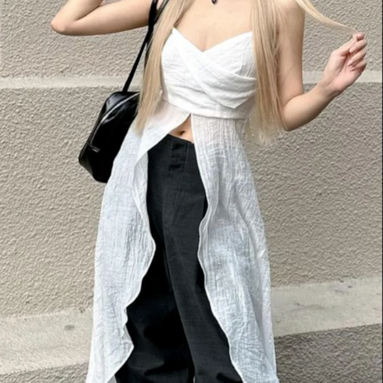 

Женский Асимметричный топ с открытой спиной, белый облегающий топ в Корейском стиле с открытой спиной и перекрещивающимися крестиками, Y2k, на лето