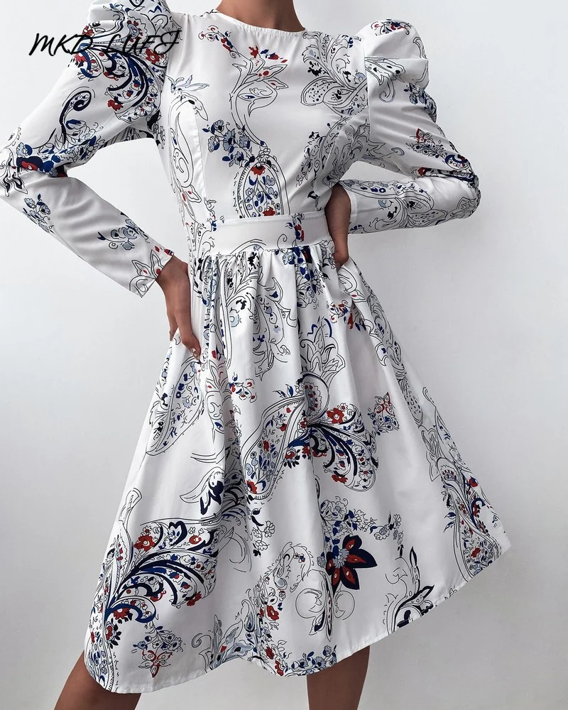 

MKDLUFI Puff Long Sleeve Floral Print Midi Dress Women Casual A-Line Daily Dress