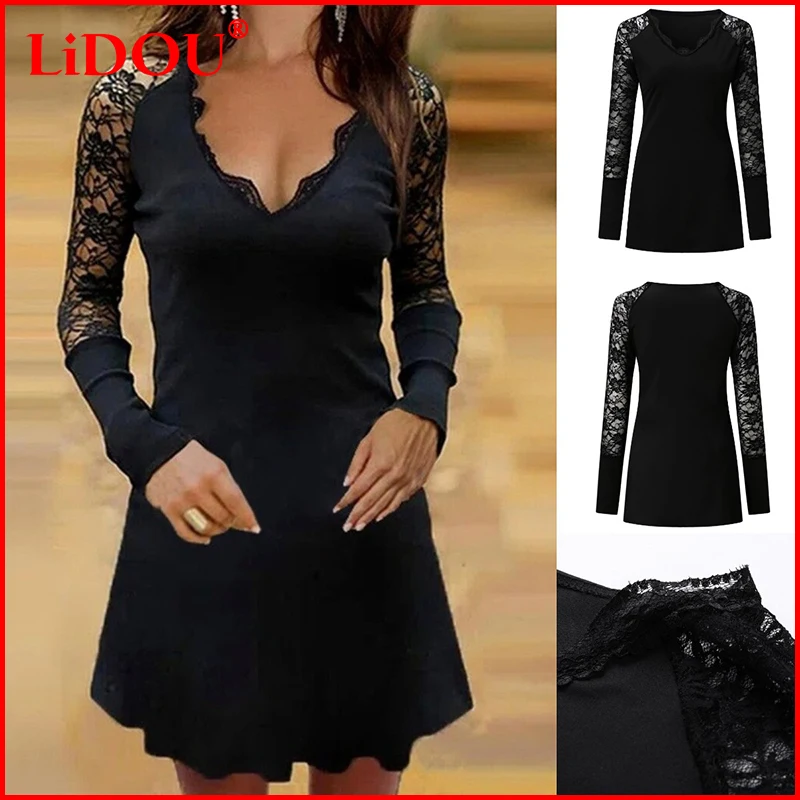 

2022 Women Spring Lace Sleeved Party Dress Sexy Club Mid-length Lady Robe Soft Cotton Fabric Elegant Vestidos Mujer Verano 2022