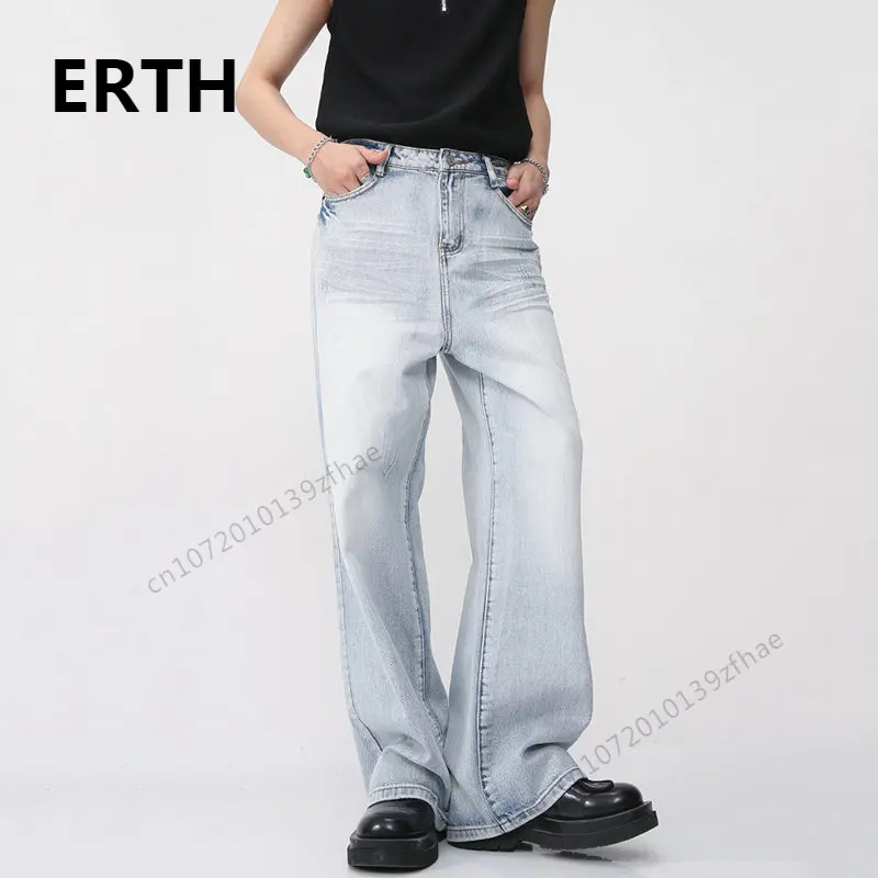 

ERTH Summer Men's Straight Jean Solid Color Washed Male Fashion Denim Pant Korean Niche Design 2023 New Wide Leg Trousers
