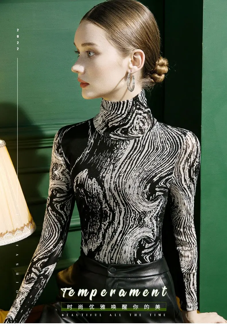 2024 Сетчатая футболка с высоким воротом женская облегающая принтом в западном