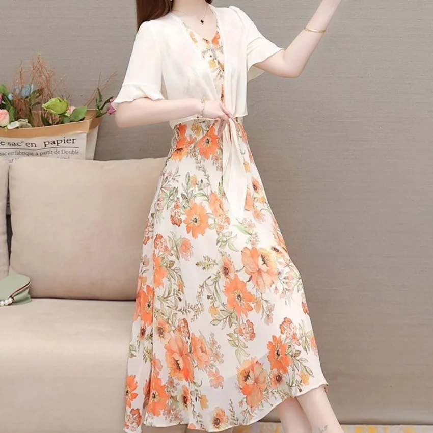 Dress Women's Summer 2023 New High End Fashion Sun Protection Outwear with Reduced Age Fragmented Flower Long Dress