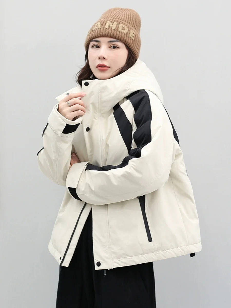 Зимний короткий пуховик женский 2024 модная лоскутная зимняя куртка с капюшоном