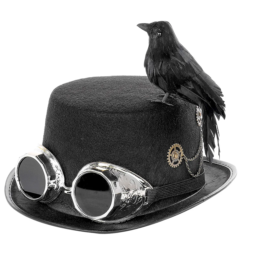 

Hat with Goggles and Crow Decor Black Hat Steampunk Costume Accessories Prop for Men Top Halloween