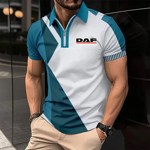 Летняя мужская рубашка-поло с принтом грузовика DAF, дышащая Свободная рубашка-поло европейского размера, повседневная мужская рубашка в контрастную полоску