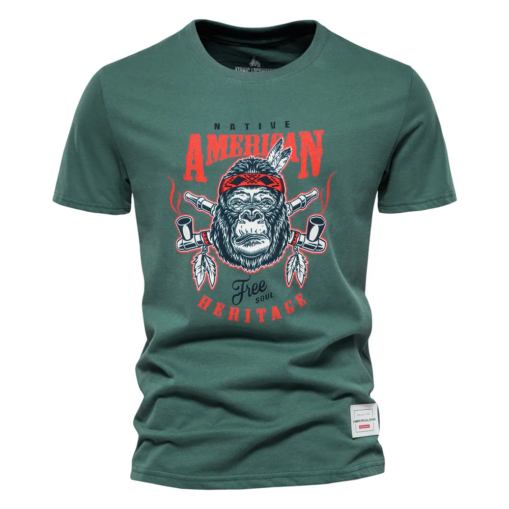 

Мужская хлопковая футболка с коротким рукавом, круглым вырезом и принтом животного