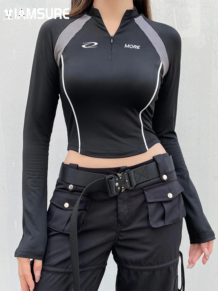 

IAMSURE Casual Streetwear Patchwork Cropped T Shirt Techwear Slim Zipper Long Sleeve Tees Women 2023 Autumn Spring Fashion Lady