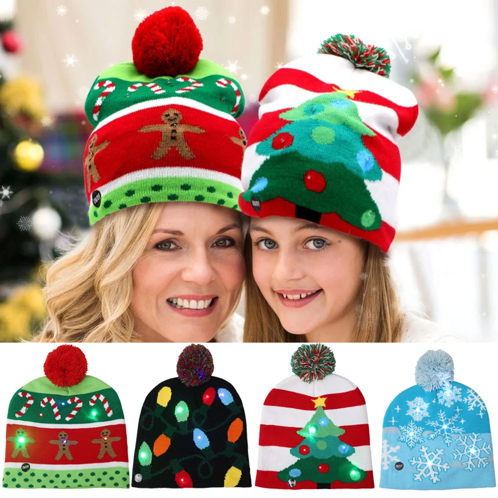 

Christmas Hats Sweater Santa Elk Knitted Beanie Hat With LED Light Up Cartoon Patteren Christmas Gift For Kids New Year Supplies