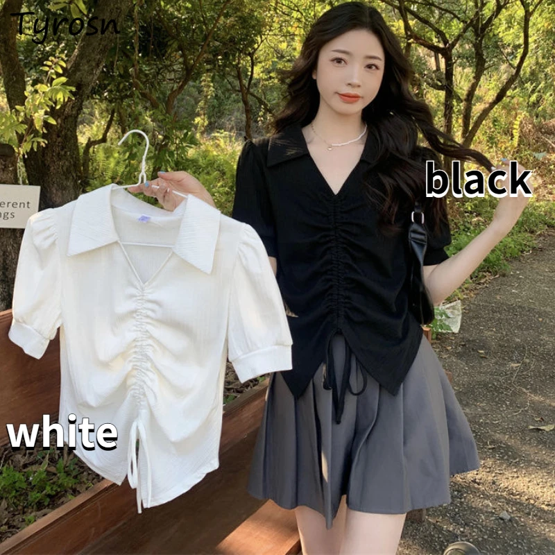 

Bandage T-shirts Women Retro Crop Design All-match Turn-down Collar Korean Style Trendy Leisure Puff Sleeve Summer Ladies Slim