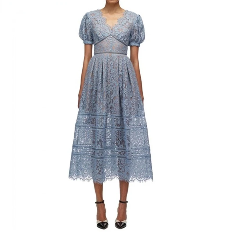 

2022 Summer New Women's Blue/Red Hollow out Flower Lace Dress Sexy V-neck Backless High-waist Slim Holiday Dress Vestidos