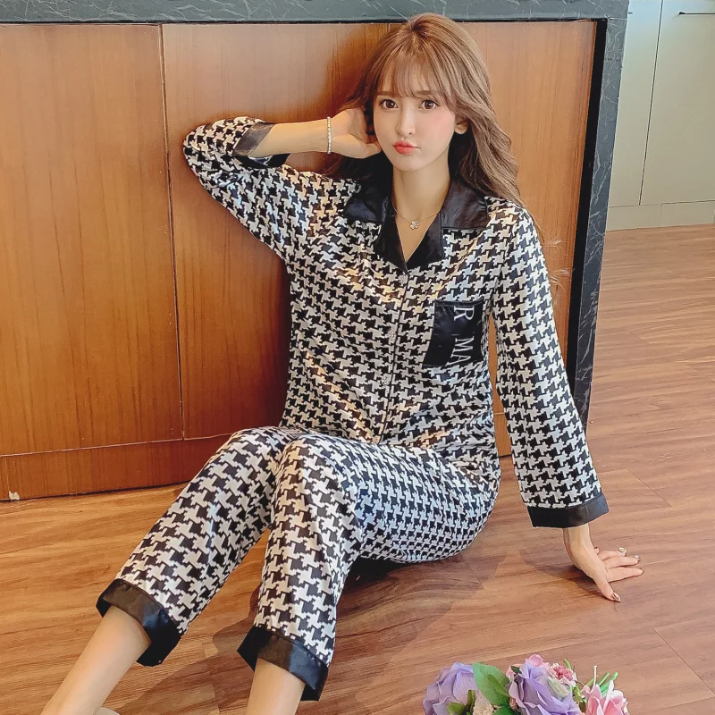 

Новинка, Осенний женский оригинальный комплект, шелковые топы с длинным рукавом и брюки, пижама, комплект из 2 предметов, одежда для сна