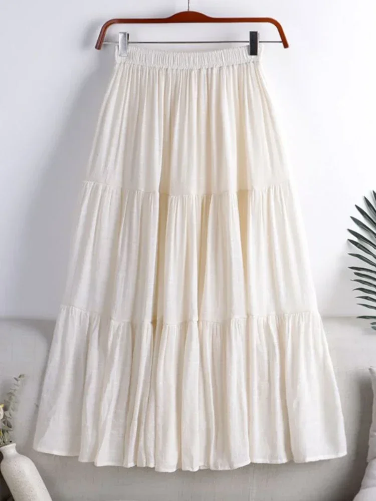 Хлопково-льняные повседневные длинные юбки трапециевидной формы с эластичной