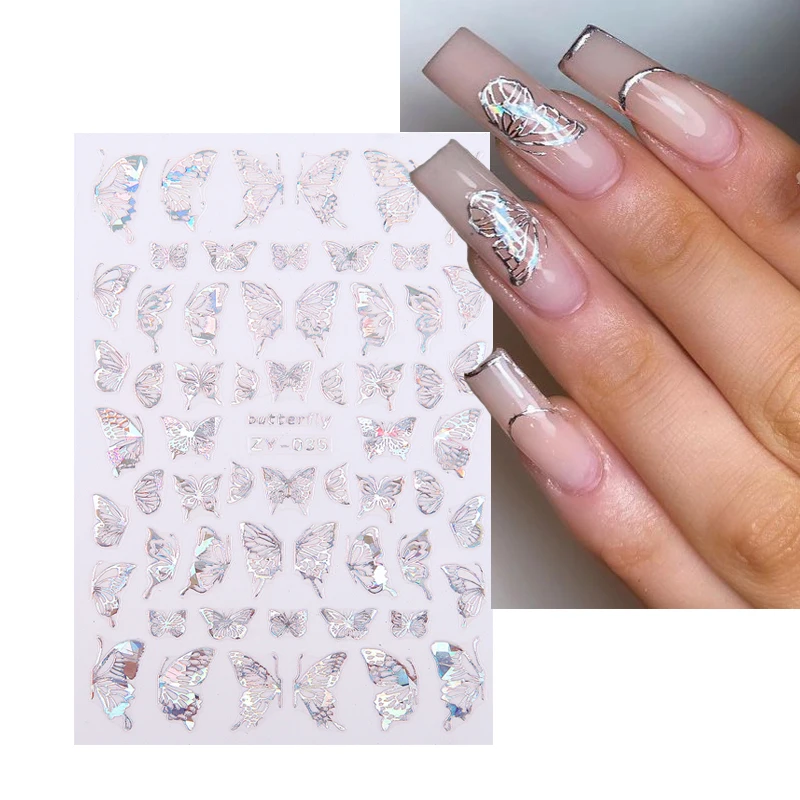 

Laser Gold Sliver Butterfly Nail Stickers Design 3D Holographics Self Adhesive Decal Fashion Charm Nail Art Decoration Accessory