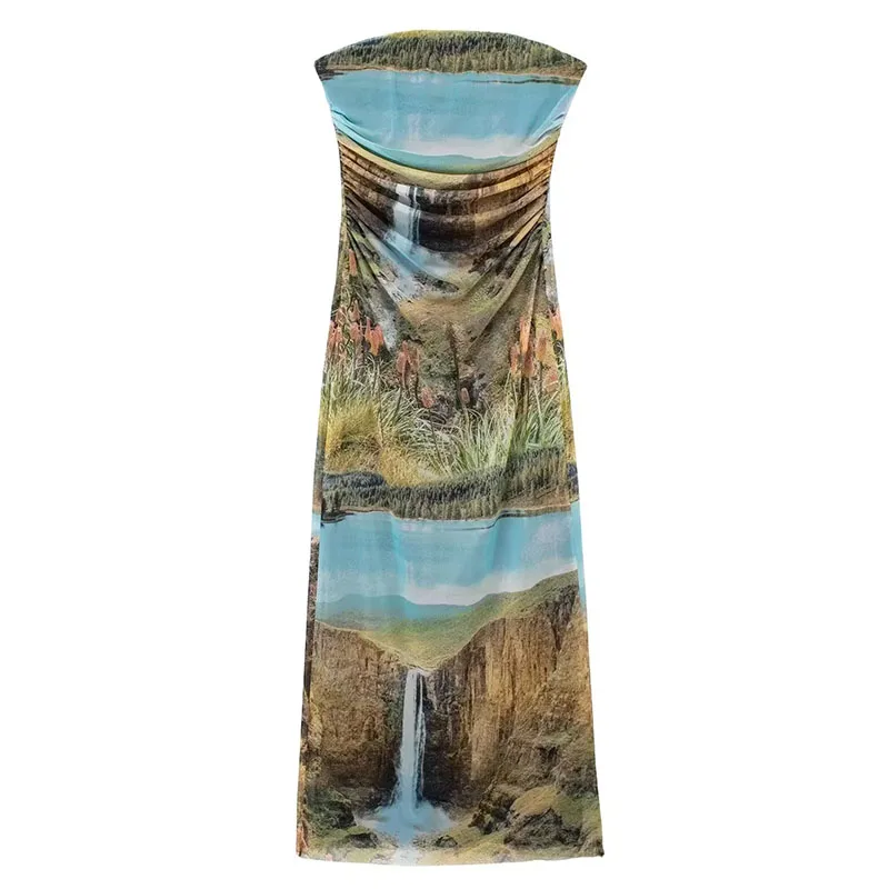 

MosiMoll Strapless Midi Dress Print Cool Date Night Dress 2023 Trendy Sexy Dress natural landscape Print Dress Mesh Dress