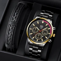 brand black fashion mens watches luxury stainless steel quartz wrist watch for men business leather bracelet calendar clock